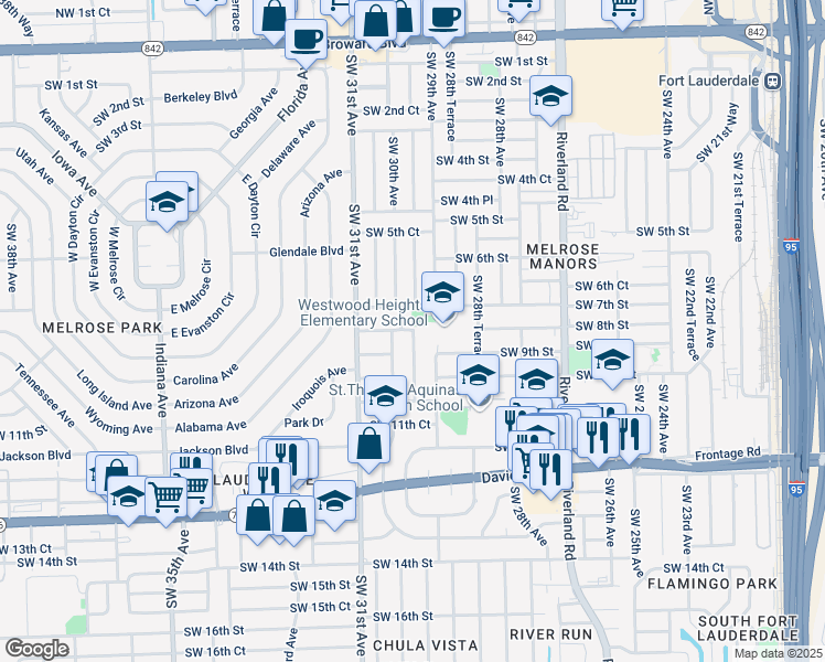 map of restaurants, bars, coffee shops, grocery stores, and more near 801 Southwest 29th Way in Fort Lauderdale
