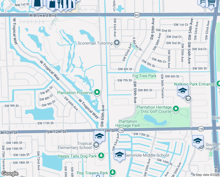 map of restaurants, bars, coffee shops, grocery stores, and more near 6230 Southwest 8th Street in Plantation