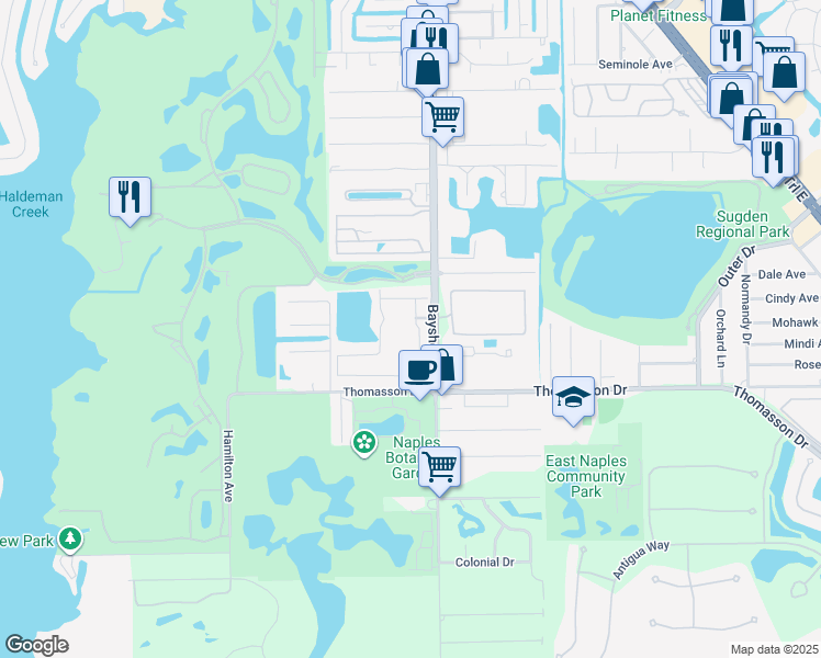 map of restaurants, bars, coffee shops, grocery stores, and more near 2765 Thomasson Drive in Naples