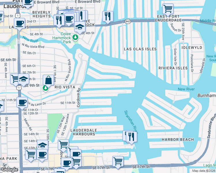 map of restaurants, bars, coffee shops, grocery stores, and more near 1739 Southeast 9th Street in Fort Lauderdale