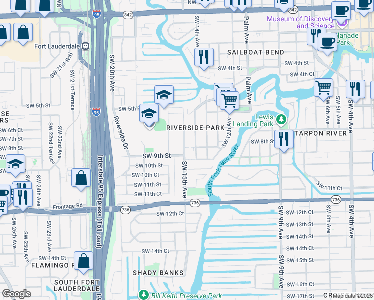 map of restaurants, bars, coffee shops, grocery stores, and more near 720 Southwest 15th Avenue in Fort Lauderdale
