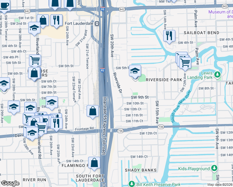 map of restaurants, bars, coffee shops, grocery stores, and more near 889 Riverside Drive in Fort Lauderdale