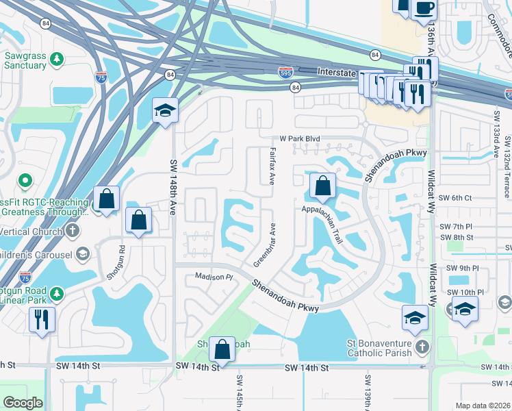 map of restaurants, bars, coffee shops, grocery stores, and more near 14451 Fairfax Place in Davie