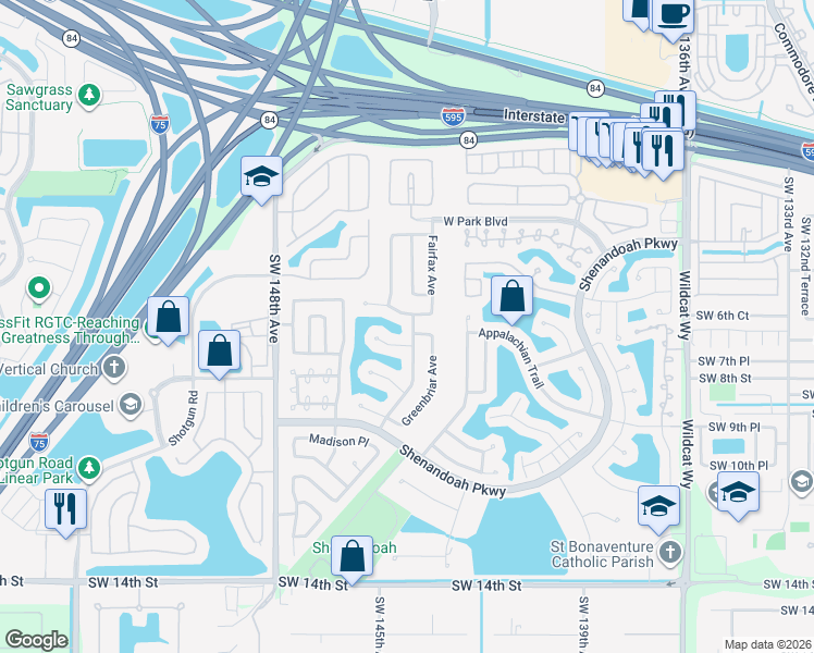 map of restaurants, bars, coffee shops, grocery stores, and more near 14451 Fairfax Place in Davie