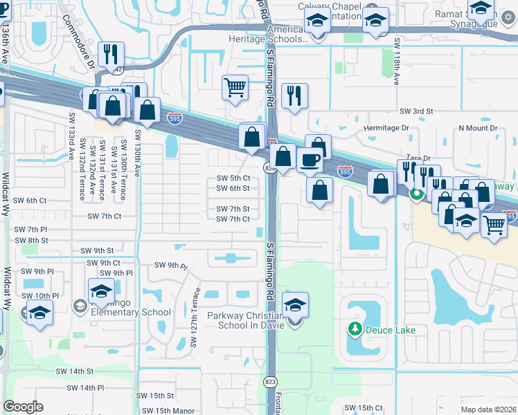 map of restaurants, bars, coffee shops, grocery stores, and more near 690 Southwest 124th Terrace in Davie