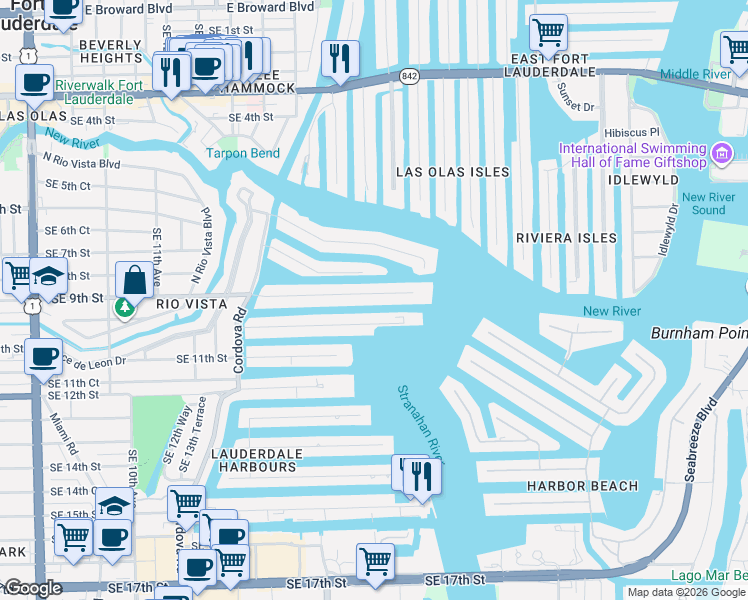 map of restaurants, bars, coffee shops, grocery stores, and more near 1799 Southeast 9th Street in Fort Lauderdale