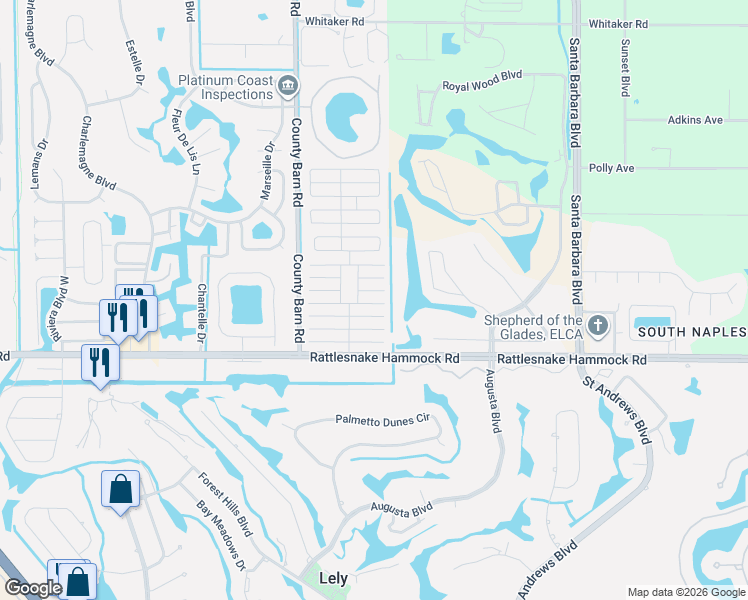 map of restaurants, bars, coffee shops, grocery stores, and more near 201 Foxwood Lane in Naples