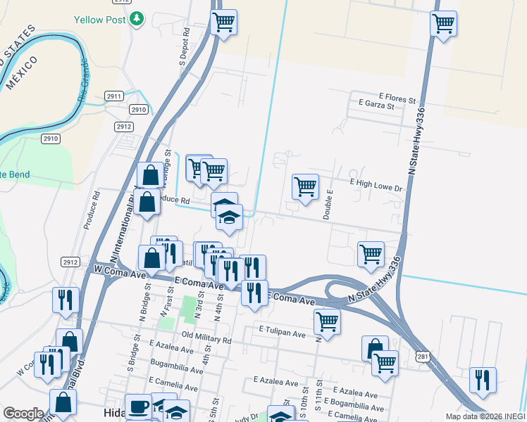 map of restaurants, bars, coffee shops, grocery stores, and more near 591 East Produce Road in Hidalgo