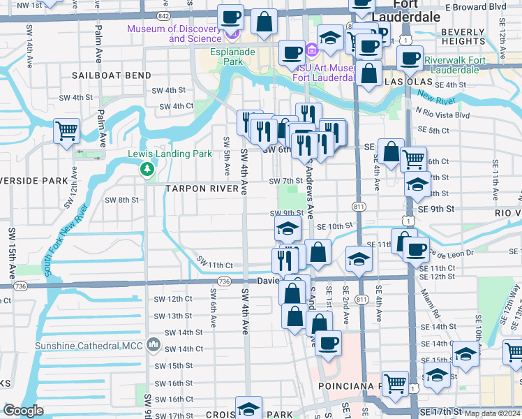 map of restaurants, bars, coffee shops, grocery stores, and more near 304 Southwest 8th Street in Fort Lauderdale