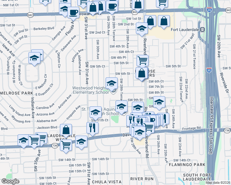 map of restaurants, bars, coffee shops, grocery stores, and more near 670 Southwest 29th Avenue in Fort Lauderdale