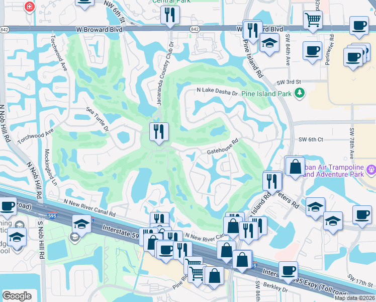 map of restaurants, bars, coffee shops, grocery stores, and more near 9001 Jacaranda Lane in Plantation