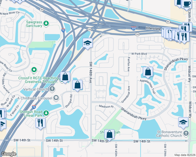 map of restaurants, bars, coffee shops, grocery stores, and more near 14640 Cedar Creek Place in Davie