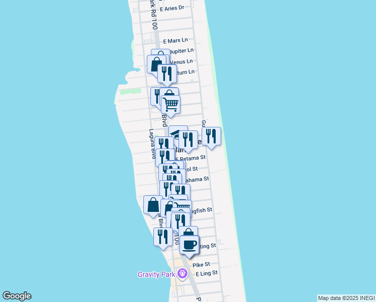 map of restaurants, bars, coffee shops, grocery stores, and more near 120 East Mesquite Street in South Padre Island