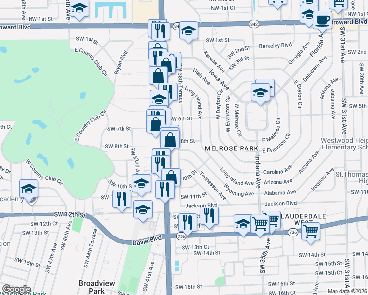 map of restaurants, bars, coffee shops, grocery stores, and more near 731 Southwest 38th Terrace in Fort Lauderdale