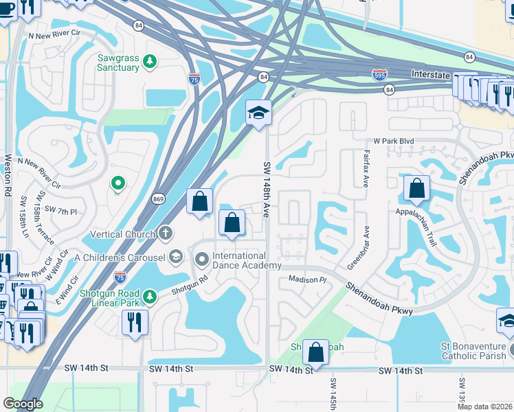 map of restaurants, bars, coffee shops, grocery stores, and more near 771 Southwest 148th Avenue in Davie
