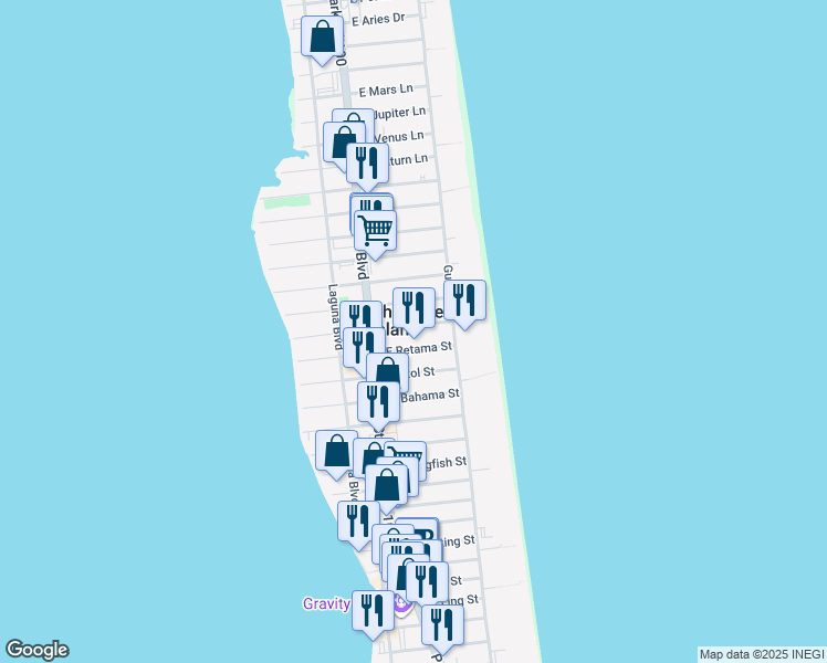 map of restaurants, bars, coffee shops, grocery stores, and more near 117 East Mesquite Street in South Padre Island