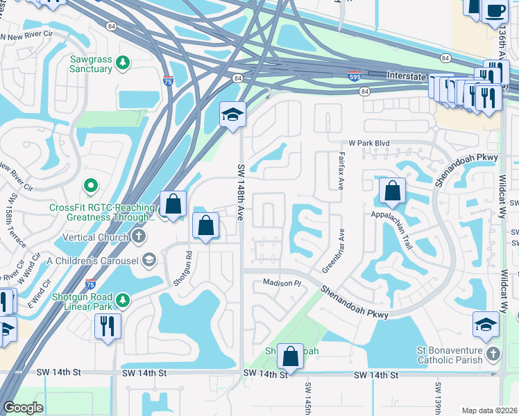 map of restaurants, bars, coffee shops, grocery stores, and more near 14640 Cedar Creek Place in Davie