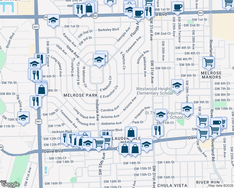 map of restaurants, bars, coffee shops, grocery stores, and more near 731 East Evanston Circle in Fort Lauderdale