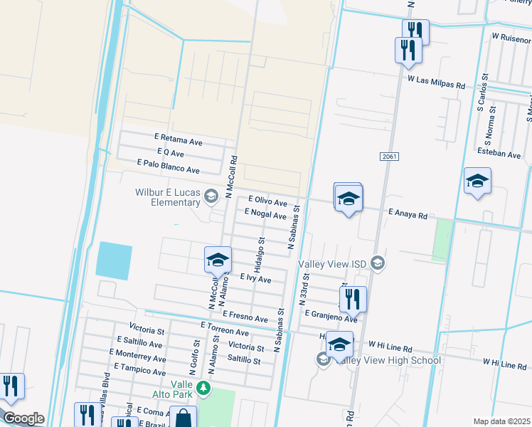map of restaurants, bars, coffee shops, grocery stores, and more near 2908 East Olivo Avenue in Hidalgo