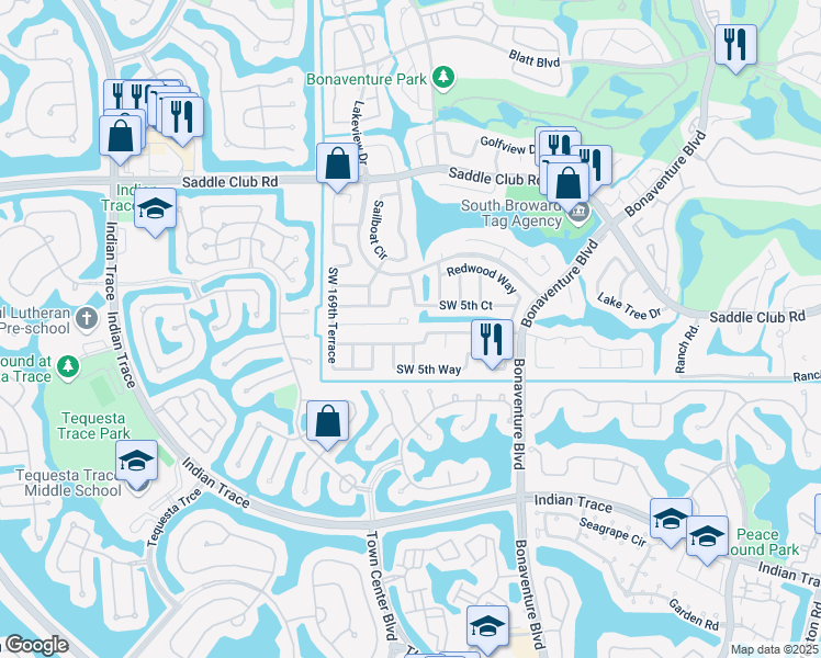 map of restaurants, bars, coffee shops, grocery stores, and more near 16811 Southwest 5th Court in Weston