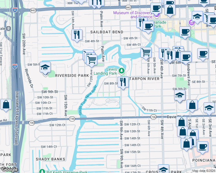 map of restaurants, bars, coffee shops, grocery stores, and more near 1011 Southwest 8th Street in Fort Lauderdale