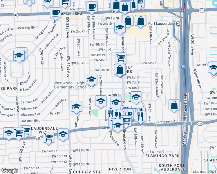 map of restaurants, bars, coffee shops, grocery stores, and more near 2764 Southwest 7th Street in Fort Lauderdale