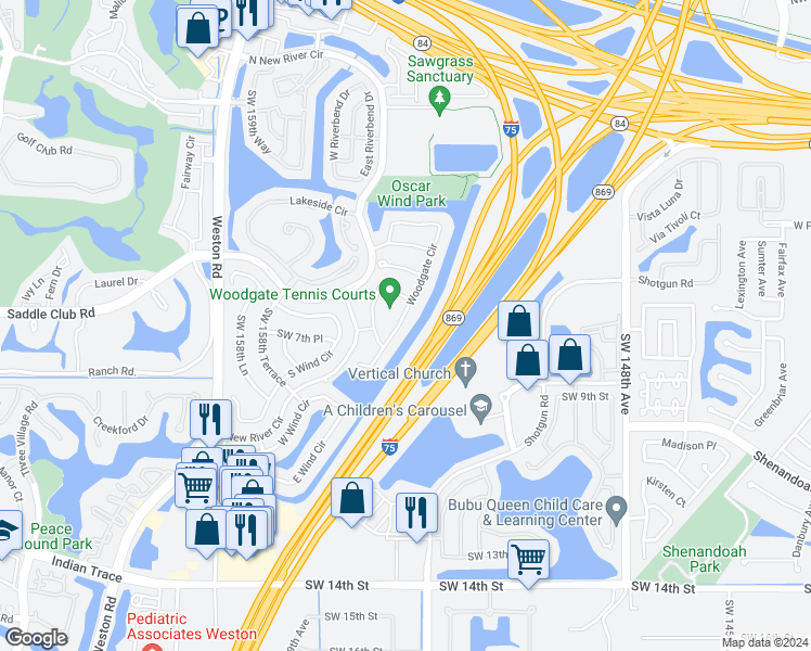 map of restaurants, bars, coffee shops, grocery stores, and more near 628 Woodgate Circle in Sunrise