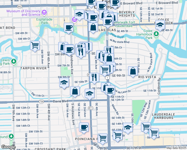 map of restaurants, bars, coffee shops, grocery stores, and more near 400 Southeast 8th Street in Fort Lauderdale