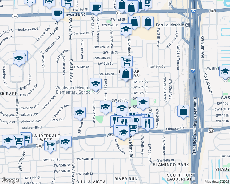 map of restaurants, bars, coffee shops, grocery stores, and more near 2764 Southwest 7th Street in Fort Lauderdale