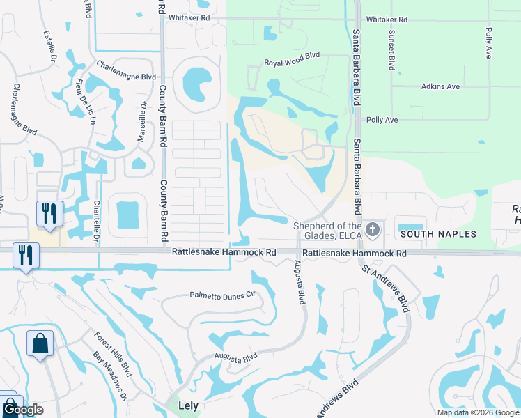 map of restaurants, bars, coffee shops, grocery stores, and more near 4580 Andover Way in Naples