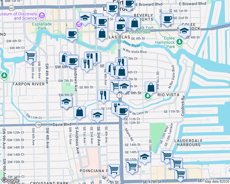 map of restaurants, bars, coffee shops, grocery stores, and more near 520 Southeast 8th Street in Fort Lauderdale