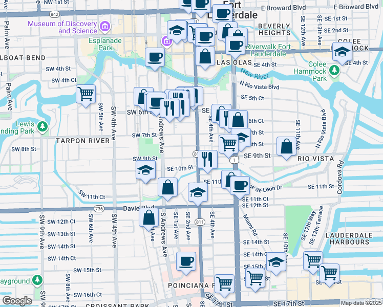 map of restaurants, bars, coffee shops, grocery stores, and more near 220 Southeast 8th Street in Fort Lauderdale