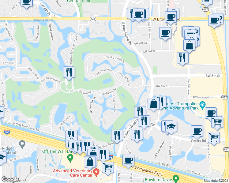 map of restaurants, bars, coffee shops, grocery stores, and more near 8801 Southwest 6th Court in Plantation