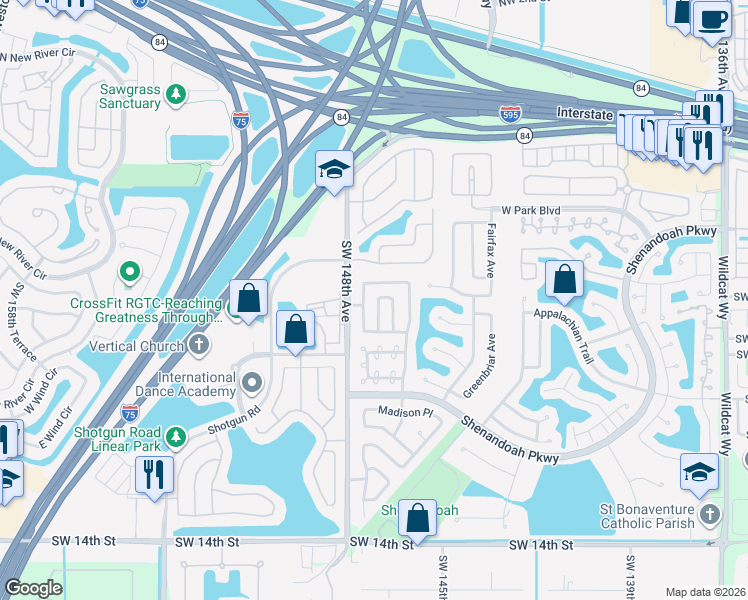 map of restaurants, bars, coffee shops, grocery stores, and more near 14640 Cedar Creek Place in Davie