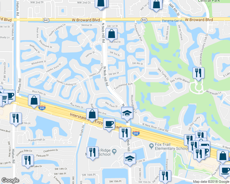 map of restaurants, bars, coffee shops, grocery stores, and more near Old Nob Hill Road in Plantation