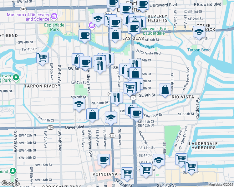 map of restaurants, bars, coffee shops, grocery stores, and more near 400 Southeast 8th Street in Fort Lauderdale