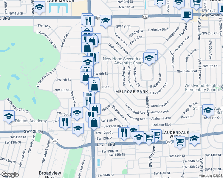 map of restaurants, bars, coffee shops, grocery stores, and more near 3750 Southwest 8th Street in Fort Lauderdale