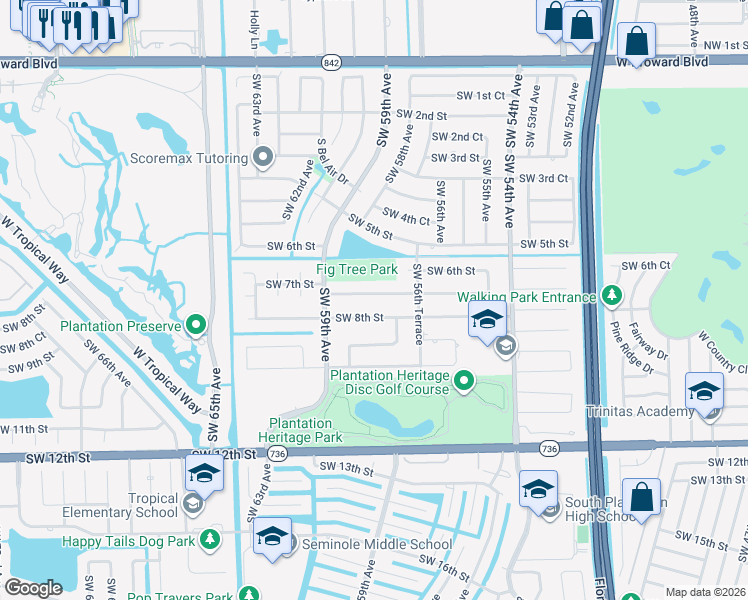 map of restaurants, bars, coffee shops, grocery stores, and more near 5741 Southwest 7th Street in Plantation