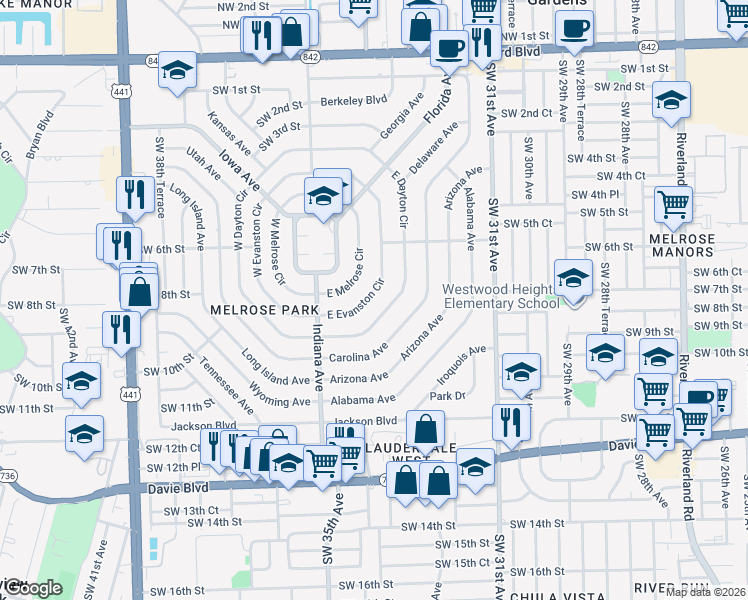map of restaurants, bars, coffee shops, grocery stores, and more near 731 East Evanston Circle in Fort Lauderdale