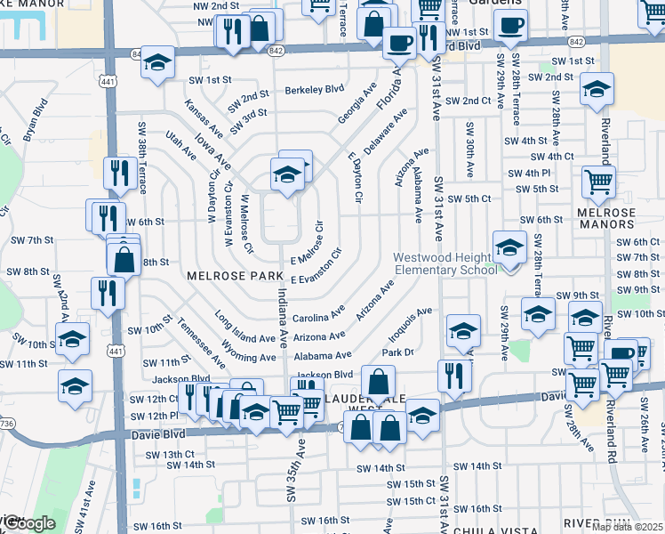 map of restaurants, bars, coffee shops, grocery stores, and more near 740 East Evanston Circle in Fort Lauderdale