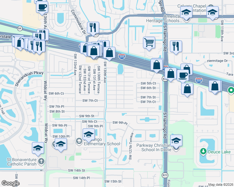 map of restaurants, bars, coffee shops, grocery stores, and more near 35 Forest Lane in Davie