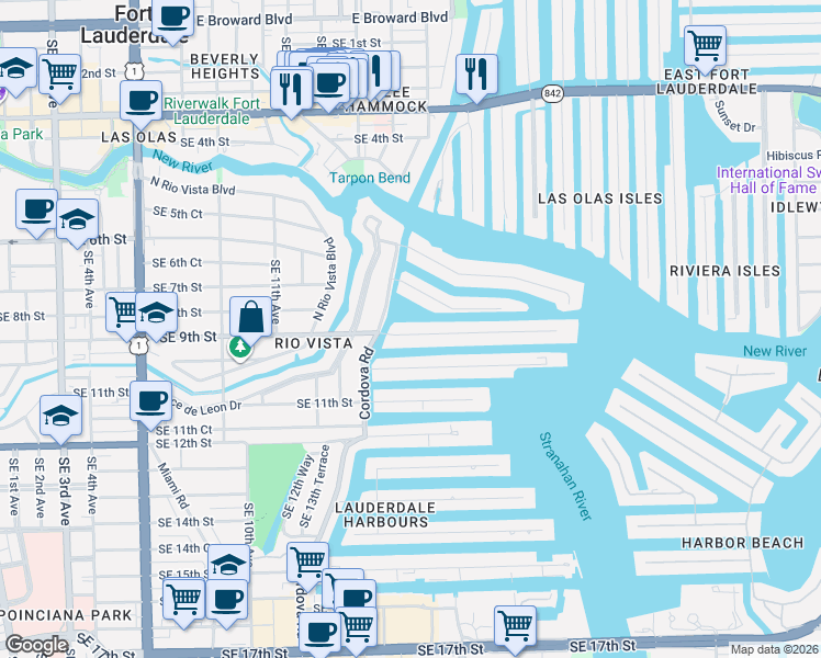 map of restaurants, bars, coffee shops, grocery stores, and more near 1515 Southeast 9th Street in Fort Lauderdale