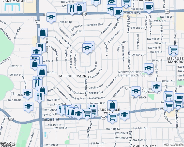 map of restaurants, bars, coffee shops, grocery stores, and more near 751 East Melrose Circle in Fort Lauderdale