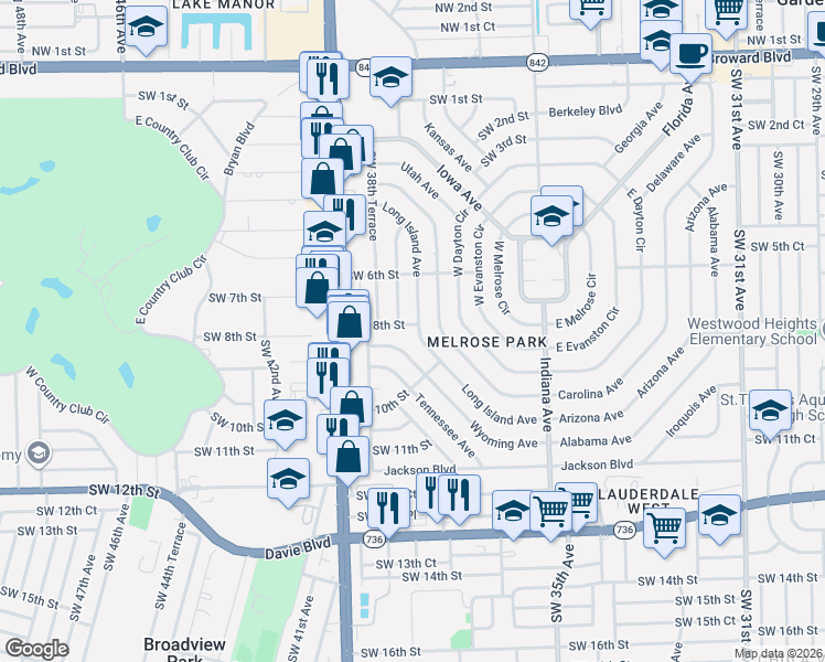 map of restaurants, bars, coffee shops, grocery stores, and more near 730 Southwest 38th Avenue in Fort Lauderdale