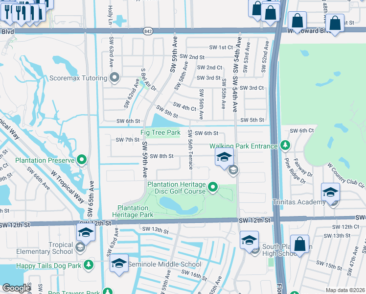 map of restaurants, bars, coffee shops, grocery stores, and more near 5661 Southwest 7th Street in Plantation