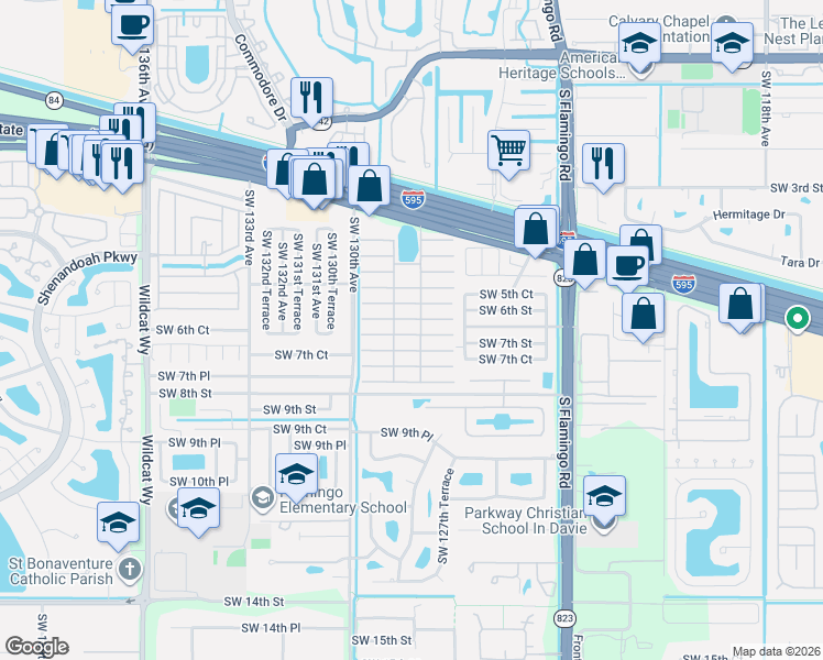 map of restaurants, bars, coffee shops, grocery stores, and more near 35 Forest Lane in Davie