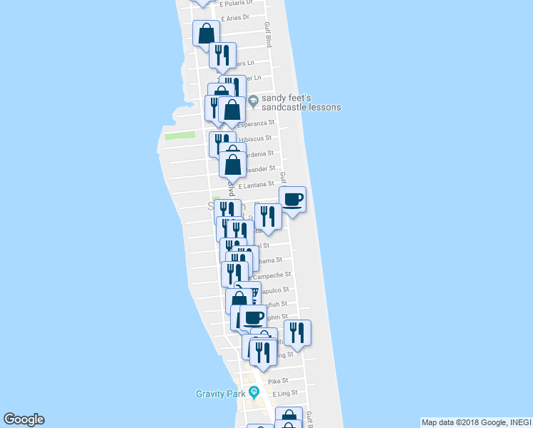 map of restaurants, bars, coffee shops, grocery stores, and more near 120 East Mesquite Street in South Padre Island