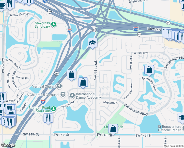 map of restaurants, bars, coffee shops, grocery stores, and more near 771 Southwest 148th Avenue in Davie