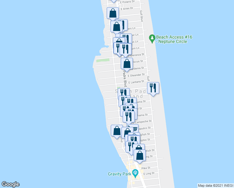 map of restaurants, bars, coffee shops, grocery stores, and more near 3801 Laguna Boulevard in South Padre Island