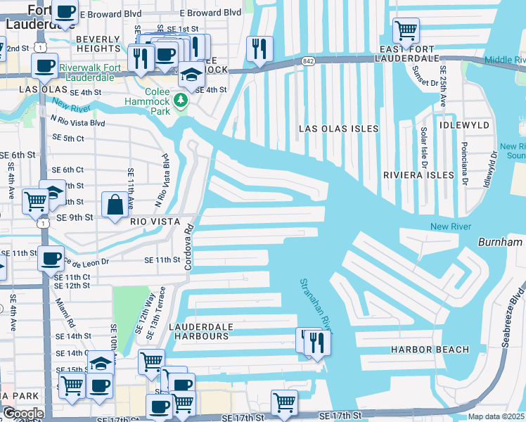 map of restaurants, bars, coffee shops, grocery stores, and more near 1739 Southeast 9th Street in Fort Lauderdale